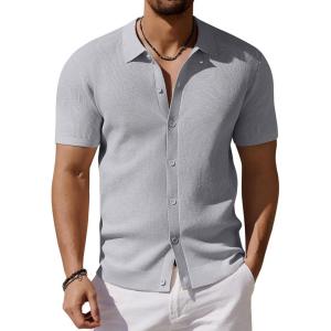 imageCOOFANDY Mens Vintage Knit Shirt Short Sleeve Button Down Polo Shirts for Summer Casual ampamp VacationLight Grey