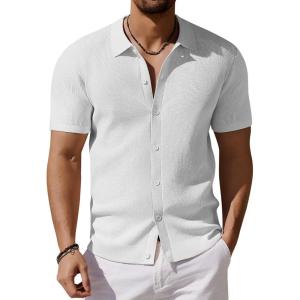 imageCOOFANDY Mens Vintage Knit Shirt Short Sleeve Button Down Polo Shirts for Summer Casual ampamp VacationWhite