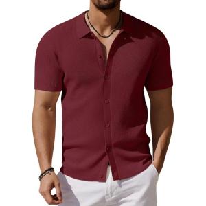 imageCOOFANDY Mens Vintage Knit Shirt Short Sleeve Button Down Polo Shirts for Summer Casual ampamp VacationWine Red