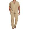 imageCOOFANDY Mens 2 Piece Casual Beach Outfits Short Sleeve Button Down Shirts Summer Loose Pant Sets Vacation Walking OutfitsKhaki