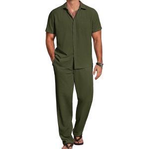 imageCOOFANDY Mens 2 Piece Casual Beach Outfits Short Sleeve Button Down Shirts Summer Loose Pant Sets Vacation Walking OutfitsArmy Green