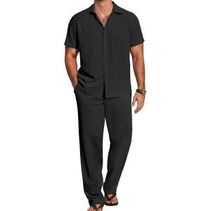 imageCOOFANDY Mens 2 Piece Casual Beach Outfits Short Sleeve Button Down Shirts Summer Loose Pant Sets Vacation Walking OutfitsBlack