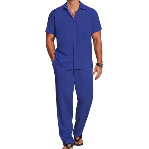 imageCOOFANDY Mens 2 Piece Casual Beach Outfits Short Sleeve Button Down Shirts Summer Loose Pant Sets Vacation Walking OutfitsDark Blue