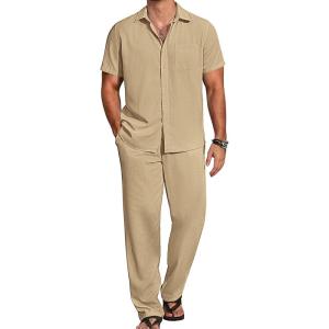 imageCOOFANDY Mens 2 Piece Casual Beach Outfits Short Sleeve Button Down Shirts Summer Loose Pant Sets Vacation Walking OutfitsKhaki