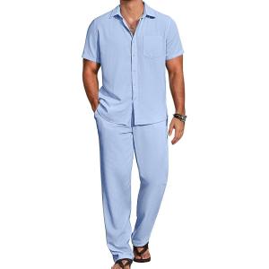 imageCOOFANDY Mens 2 Piece Casual Beach Outfits Short Sleeve Button Down Shirts Summer Loose Pant Sets Vacation Walking OutfitsLight Blue