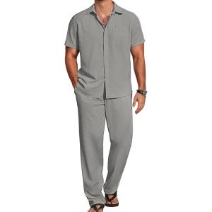 imageCOOFANDY Mens 2 Piece Casual Beach Outfits Short Sleeve Button Down Shirts Summer Loose Pant Sets Vacation Walking OutfitsLight Grey