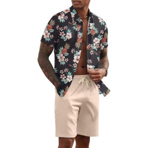 imageCOOFANDY Mens 2 Piece Summer Beach Outfits Tropical Short Sleeve Button Down Shirts and Shorts Hawaiian Vacation SetsBlack Flower