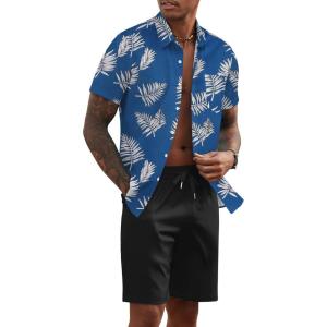 imageCOOFANDY Mens 2 Piece Summer Beach Outfits Tropical Short Sleeve Button Down Shirts and Shorts Hawaiian Vacation SetsBlue White Leaf
