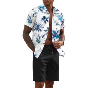 imageCOOFANDY Mens 2 Piece Summer Beach Outfits Tropical Short Sleeve Button Down Shirts and Shorts Hawaiian Vacation SetsBlue White Tropical