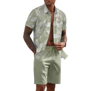 imageCOOFANDY Mens 2 Piece Summer Beach Outfits Tropical Short Sleeve Button Down Shirts and Shorts Hawaiian Vacation SetsGreen Palm Leaf