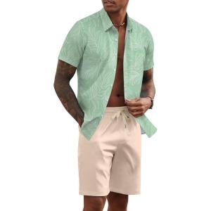 imageCOOFANDY Mens 2 Piece Summer Beach Outfits Tropical Short Sleeve Button Down Shirts and Shorts Hawaiian Vacation SetsLight Green Leaf