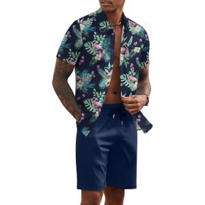 imageCOOFANDY Mens 2 Piece Summer Beach Outfits Tropical Short Sleeve Button Down Shirts and Shorts Hawaiian Vacation SetsNavy Green Leaf