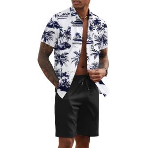 imageCOOFANDY Mens 2 Piece Summer Beach Outfits Tropical Short Sleeve Button Down Shirts and Shorts Hawaiian Vacation SetsNavy Palm Leaf