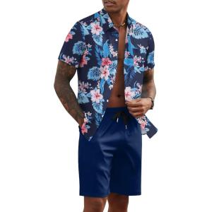 imageCOOFANDY Mens 2 Piece Summer Beach Outfits Tropical Short Sleeve Button Down Shirts and Shorts Hawaiian Vacation SetsNavy Tropical Floral