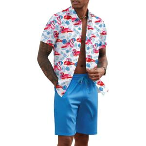 imageCOOFANDY Mens 2 Piece Summer Beach Outfits Tropical Short Sleeve Button Down Shirts and Shorts Hawaiian Vacation SetsPink Blue Leaf