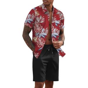 imageCOOFANDY Mens 2 Piece Summer Beach Outfits Tropical Short Sleeve Button Down Shirts and Shorts Hawaiian Vacation SetsRed Tropical Leaf