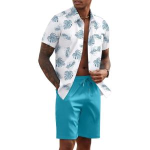 imageCOOFANDY Mens 2 Piece Summer Beach Outfits Tropical Short Sleeve Button Down Shirts and Shorts Hawaiian Vacation SetsWhite Blue Leaf