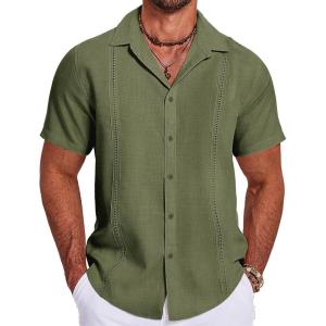 imageCOOFANDY Mens Cuban Guayabera Summer Beach Short Sleeve Casual Vacation Wedding ShirtArmy Green