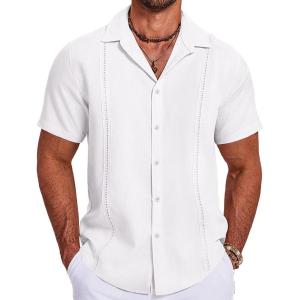 imageCOOFANDY Mens Cuban Guayabera Summer Beach Short Sleeve Casual Vacation Wedding ShirtAwhite