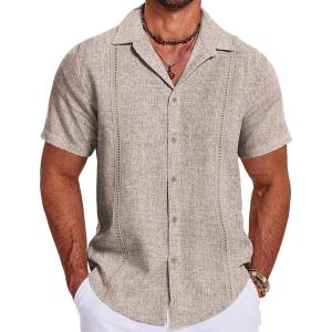 imageCOOFANDY Mens Cuban Guayabera Summer Beach Short Sleeve Casual Vacation Wedding ShirtBeige