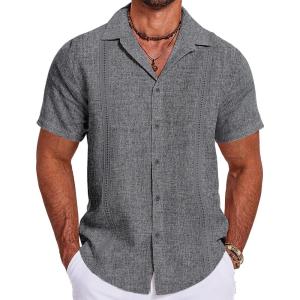 imageCOOFANDY Mens Cuban Guayabera Summer Beach Short Sleeve Casual Vacation Wedding ShirtDark Gray