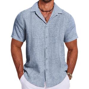 imageCOOFANDY Mens Cuban Guayabera Summer Beach Short Sleeve Casual Vacation Wedding ShirtGreyblue