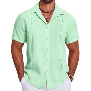 imageCOOFANDY Mens Cuban Guayabera Summer Beach Short Sleeve Casual Vacation Wedding ShirtIce Green