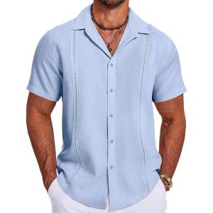 imageCOOFANDY Mens Cuban Guayabera Summer Beach Short Sleeve Casual Vacation Wedding ShirtLight Blue