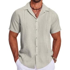 imageCOOFANDY Mens Cuban Guayabera Summer Beach Short Sleeve Casual Vacation Wedding ShirtLight Gray