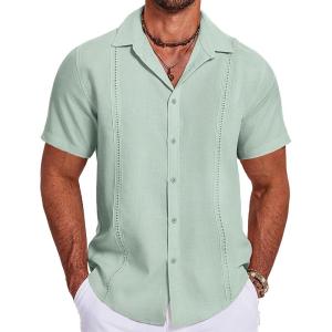 imageCOOFANDY Mens Cuban Guayabera Summer Beach Short Sleeve Casual Vacation Wedding ShirtLight Green