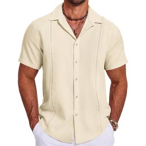 imageCOOFANDY Mens Cuban Guayabera Summer Beach Short Sleeve Casual Vacation Wedding ShirtLight Khaki
