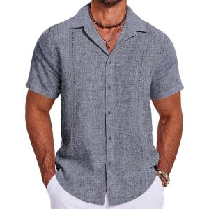 imageCOOFANDY Mens Cuban Guayabera Summer Beach Short Sleeve Casual Vacation Wedding ShirtNavy Blue