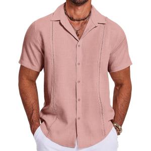 imageCOOFANDY Mens Cuban Guayabera Summer Beach Short Sleeve Casual Vacation Wedding ShirtPink