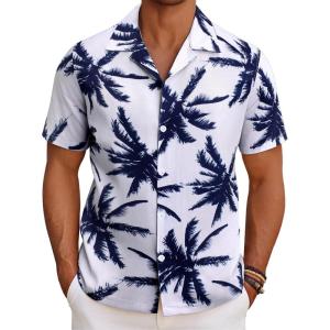 imageCOOFANDY Mens Hawaiian Short Sleeve Shirt Tropical Vacation Essential Casual Button Down Summer Beach ShirtsBlack Palm Leafwhite