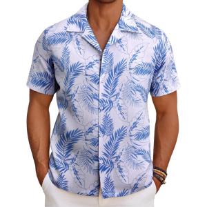 imageCOOFANDY Mens Hawaiian Short Sleeve Shirt Tropical Vacation Essential Casual Button Down Summer Beach ShirtsBlue Tropical Leafwhite
