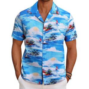 imageCOOFANDY Mens Hawaiian Short Sleeve Shirt Tropical Vacation Essential Casual Button Down Summer Beach ShirtsCoconut Treeblue