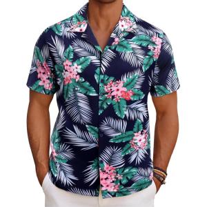 imageCOOFANDY Mens Hawaiian Short Sleeve Shirt Tropical Vacation Essential Casual Button Down Summer Beach ShirtsFlower Leavesblack