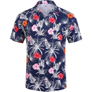 imageCOOFANDY Mens Hawaiian Short Sleeve Shirt Tropical Vacation Essential Casual Button Down Summer Beach ShirtsHibiscus Leavesblue