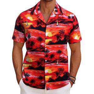 imageCOOFANDY Mens Hawaiian Short Sleeve Shirt Tropical Vacation Essential Casual Button Down Summer Beach ShirtsSunset Palm Treered