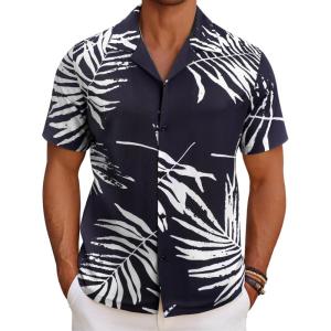 imageCOOFANDY Mens Hawaiian Short Sleeve Shirt Tropical Vacation Essential Casual Button Down Summer Beach ShirtsWhite Leavesblack Print