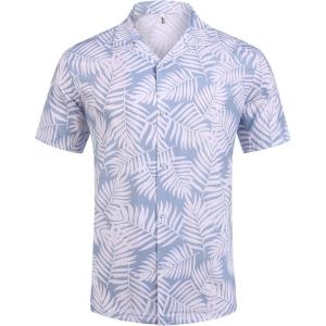 imageCOOFANDY Mens Hawaiian Short Sleeve Shirt Tropical Vacation Essential Casual Button Down Summer Beach ShirtsWhite Leavesblue