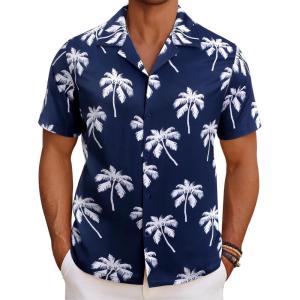 imageCOOFANDY Mens Hawaiian Short Sleeve Shirt Tropical Vacation Essential Casual Button Down Summer Beach ShirtsWhite Palm Leafblue