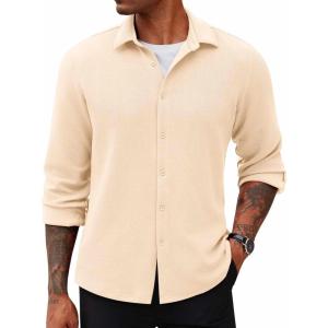 imageCOOFANDY Mens Lightweight Button Down Shirts Long Sleeve Casual Textured Overshirt Regular FitBeige