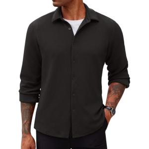 imageCOOFANDY Mens Lightweight Button Down Shirts Long Sleeve Casual Textured Overshirt Regular FitBlack