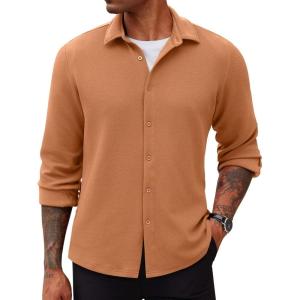 imageCOOFANDY Mens Lightweight Button Down Shirts Long Sleeve Casual Textured Overshirt Regular FitLight Brown