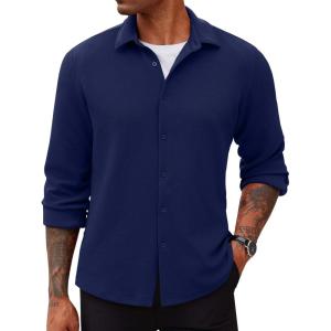 imageCOOFANDY Mens Lightweight Button Down Shirts Long Sleeve Casual Textured Overshirt Regular FitNavy Blue