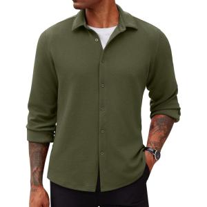imageCOOFANDY Mens Lightweight Button Down Shirts Long Sleeve Casual Textured Overshirt Regular FitOlive Green