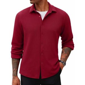 imageCOOFANDY Mens Lightweight Button Down Shirts Long Sleeve Casual Textured Overshirt Regular FitWine Red