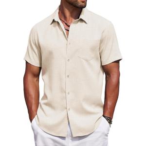 imageCOOFANDY Mens Summer Beach Vacation Shirt Casual Button Down Short Sleeve Shirt Hawaiian Tropical Resort WearBeige