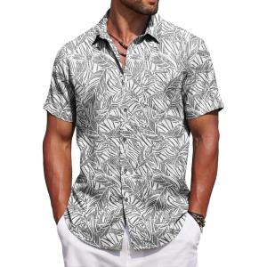 imageCOOFANDY Mens Summer Beach Vacation Shirt Casual Button Down Short Sleeve Shirt Hawaiian Tropical Resort WearPalm Leavesgrey Blue